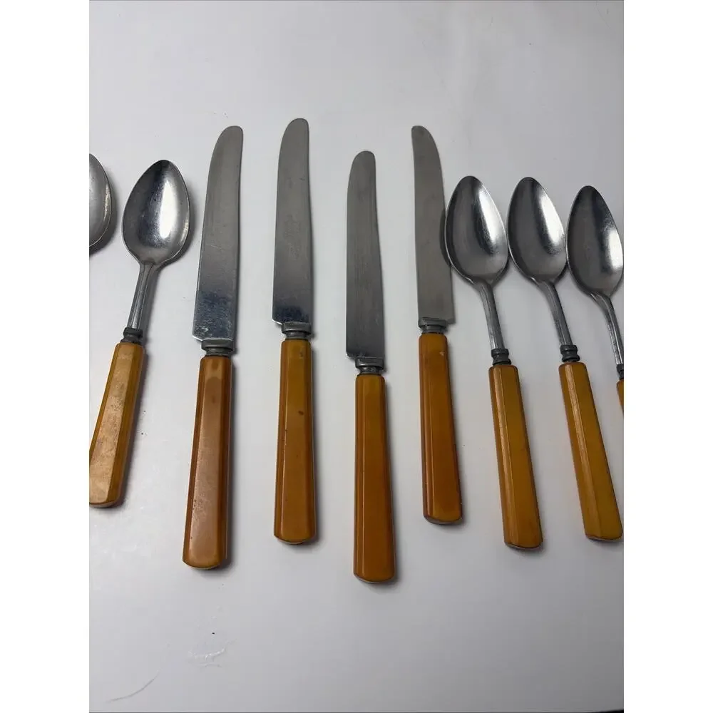 Vintage Butterscotch Bakelite Stainless Flatware 6 Teaspoon, 4 Knives,5 Spoons